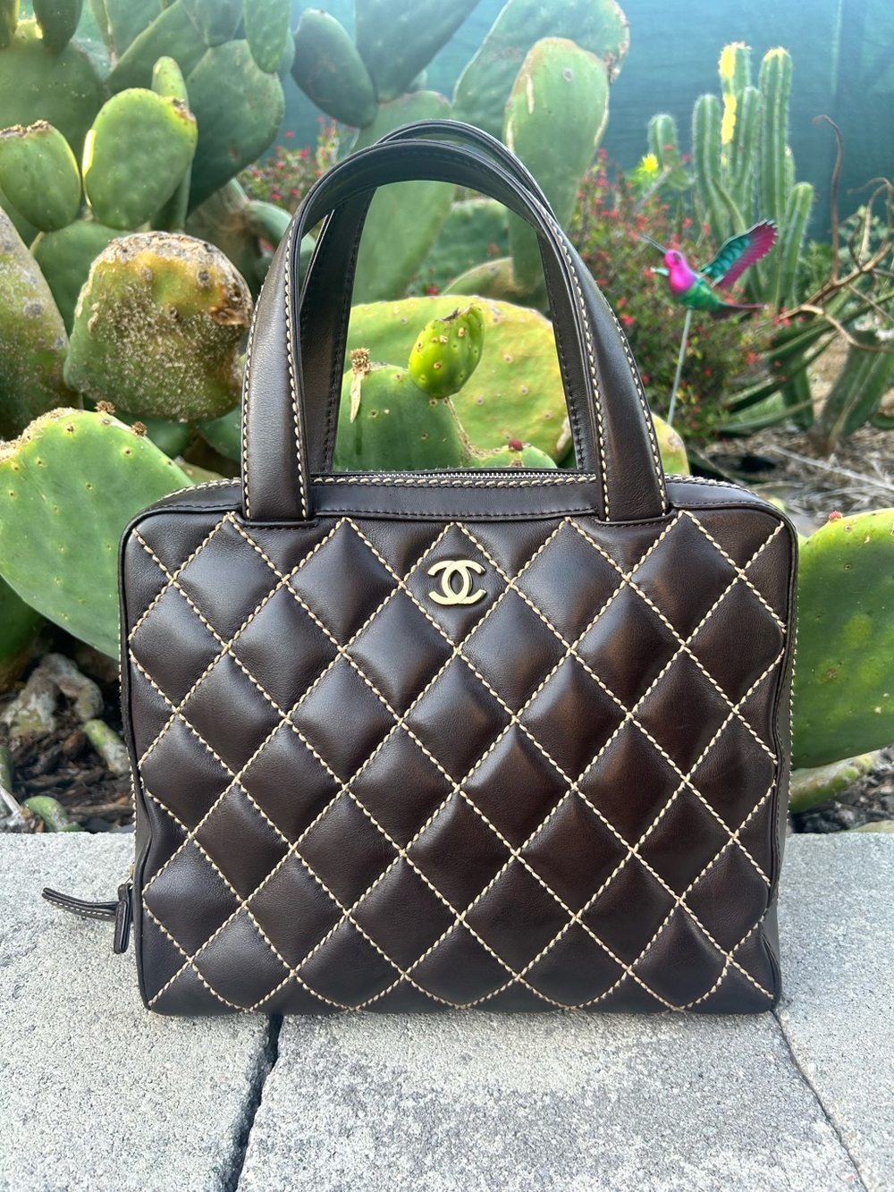 CHANEL Dark Brown Quilted Top-Handle Satchel with Gold CC